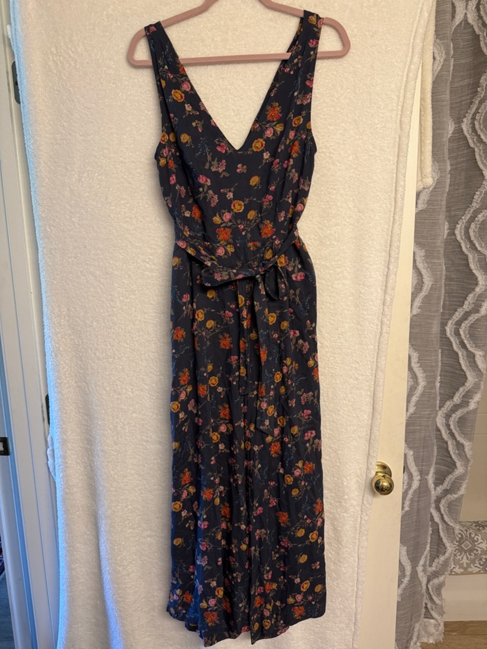 Beautiful Lucky Brand Navy Floral Modal Jumpsuit w/V-neck, wrap tie & pockets